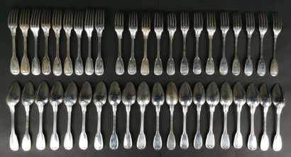 null Set of twenty-two forks and twenty spoons in silver, filet model, figured.
L_...
