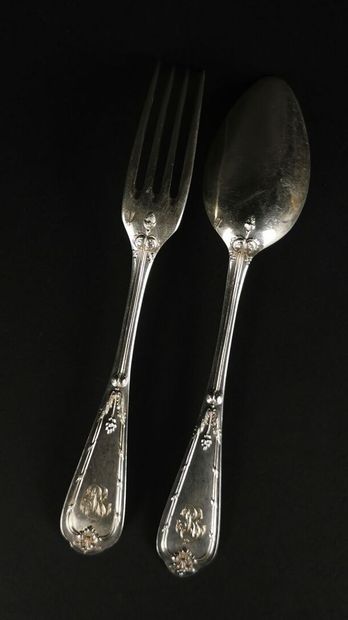 null Twelve silver cutlery for entremets with Louis XVI style decoration, figured...