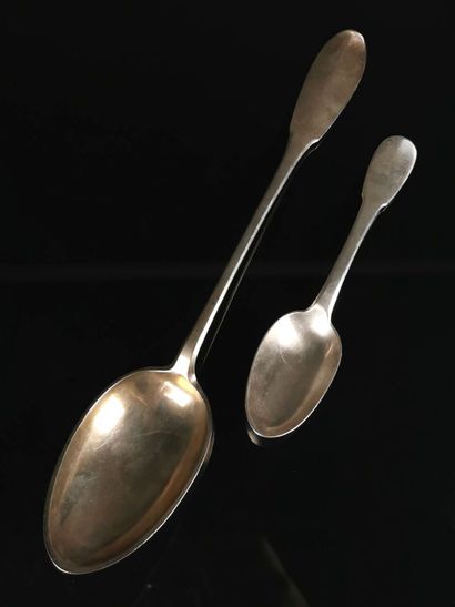 null Silver stewing spoon, the spatula decorated with a coat of arms, surmounted...