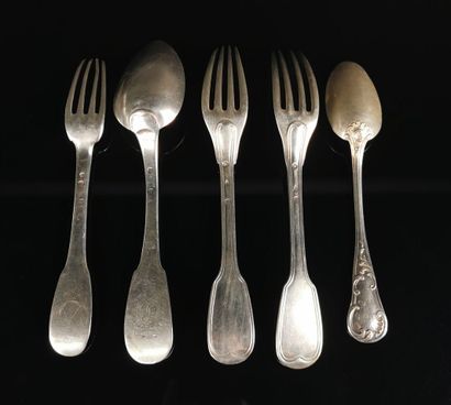 null Silver set including: an 18th century fork with a coat of arms, a 19th century...
