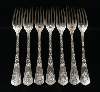 null CARDEILHAC.
Suite of seven silver forks richly decorated with garlands of knotted...