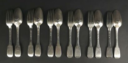 null Suite of six silver flatware XVIIIth century, uniplat model, decorated with...