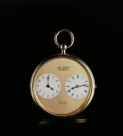 null AERO WATCH, Neufchâtel.
Gold-plated pocket watch with black and white enameled...