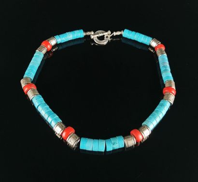 null Two necklaces composed of blue-tinted stones imitating turquoise and red-tinted...