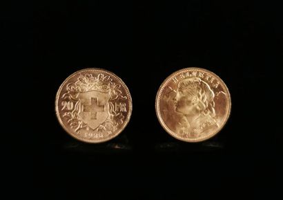 null 2 pieces of 20 Swiss francs Helvetia gold.
1935.
12.90 grams