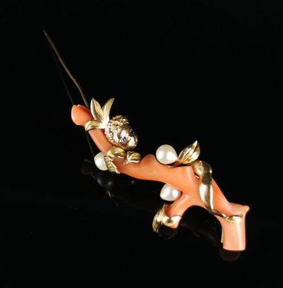 null Brooch featuring a coral branch, set in yellow gold with baroque pearls, and...
