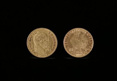 null Two 10 franc gold Napoleon III coins with rooster.
6.39 grams