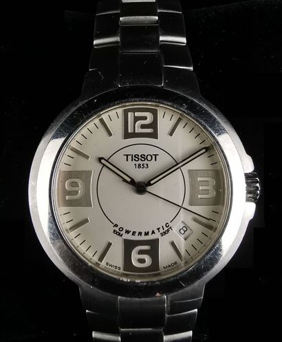 null TISSOT. 
Steel men's wristwatch model "Powermatic 100M".
Creamy white dial with...