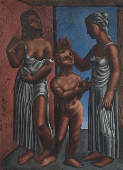 Jaime Antonio COLSON (1901-1975) Deux femmes drapées entourant un enfant Huile sur...