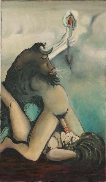 Oscar Dominguez (1906-1957) Le Minotaure et Ariane Huile sur toile 46 x 27 cm Non...