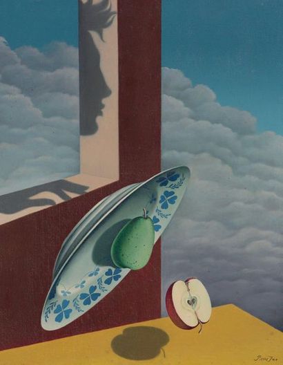 Pierre INO (1909 - 1989) Les objets volants et l'ombre de l'auteur, 1932 Huile sur...