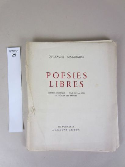 APOLLINAIRE Guillaume Poésies libres. In-12. En souvenir d'Isidore Liseux, pas de...