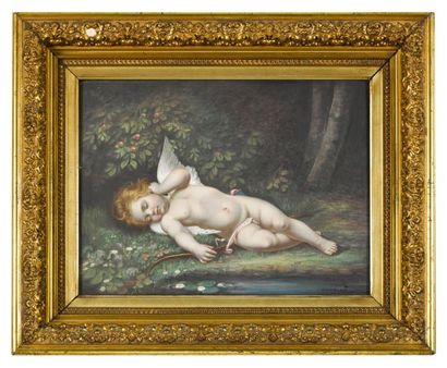J. Pascault d'après Perrault 
L'amour endormi
Importante plaque en porcelaine peinte...