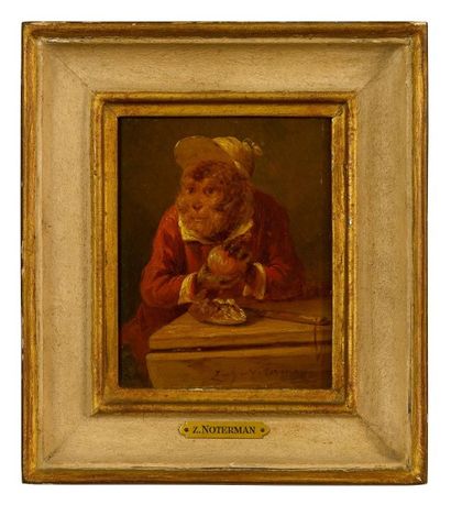 Zacharie NOTERMAN (1820-1890) 
Singe dégustant une orange
Huile sur panneau
H_16...
