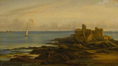 Isidore DAGNAN (1794-1873) 
Le fort national, à Saint-Malo, marée descendante. Huile...
