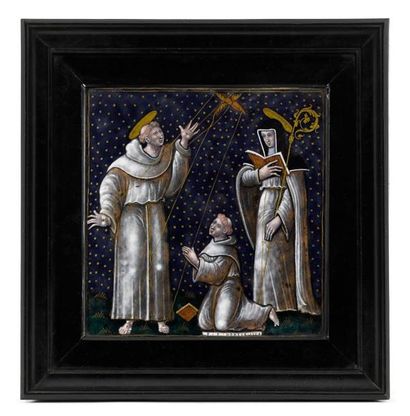 null Plaque en émail peint polychrome avec rehauts d'or représentant saint François...