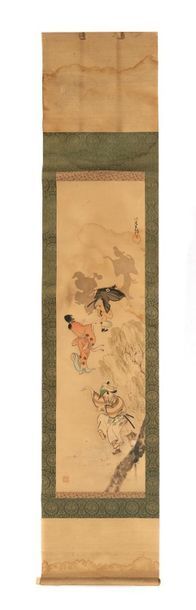 JAPON - Epoque MEIJI (1868 - 1912) Encre polychrome sur soie, personnages dansant...