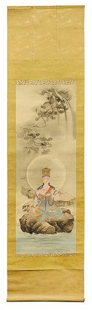 JAPON - Epoque MEIJI (1868 - 1912) Encre sur soie, bouddha assis sur un rocher.
Montée...