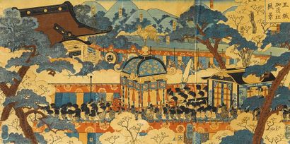 Yoshiiku Triptyque oban tate-e, procession d'un daimyo. Encadré
H_35 cm L_72,5 c...