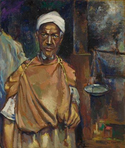 Roger TREMEL (1907 - 1987) Homme près d'une balance, en Afrique du Nord
Huile sur...