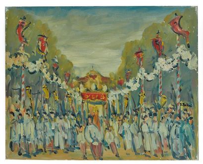 Emmanuel BELLINI (1904-1989) Nantes, la Fête Dieu Huile sur toile Signée au milieu...
