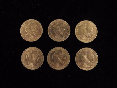 null Six pièces de 20 francs or au coq et Marianne :

Quatre de 1907, une de 1910,...