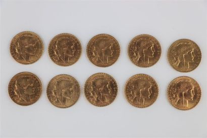 null Dix pièces de 20 francs or, Marianne et coq.

64,63 grammes