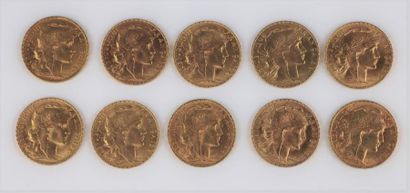 null Dix pièces de 20 francs or, Marianne et coq.

64,68 grammes