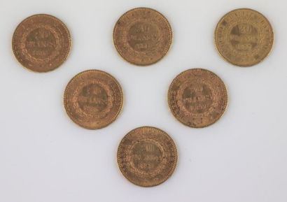 null Six pièces de 20 francs or, Génie.

1876, 1877, 1895 (2), 1897, 1898.

38,74...