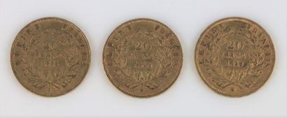null Trois pièces de 20 francs or, Napoléon III, tête nue, 1855 (D), 1859 (BB), 1860...