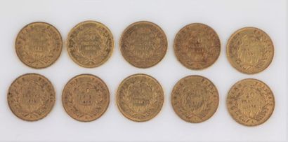 null Dix pièces de 20 francs or, Napoléon III, tête nue, 1854 (3), 1856, 1857, 1858,...