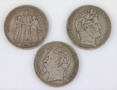 null Trois pièce de 5 francs argent : Louis Philippe (1846), Napoléon III (1868)...