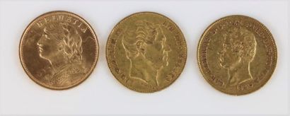 null Trois pièces en or : un pièce de 20 lires 1849, une pièce de 20 francs belge...