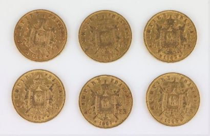 null Six pièces de 20 francs or, Napoléon III, tête laurée, 1862, 1863, 1865, 1866,...
