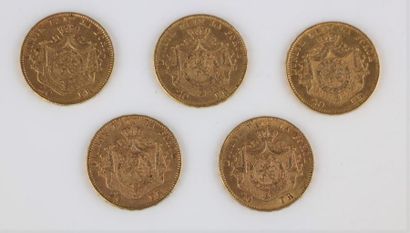 null Cinq pièces de 20 francs belge or, Léopold II, 1870, 1875 (2), 1876, 1877.

Poids...