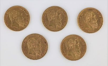 null Cinq pièces de 20 francs belge or, Léopold II, 1870, 1875 (2), 1876, 1877.

Poids...
