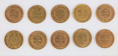 null Ensemble de dix pièces de 20 francs or, comprenant deux Cérès 1851, et huit...