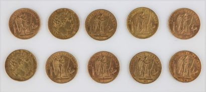 null Ensemble de dix pièces de 20 francs or, comprenant deux Cérès 1851, et huit...