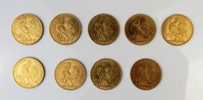 null Neuf pièces de 20 francs or, Marianne et coq, 1909. 
Poids : 58,18 grammes