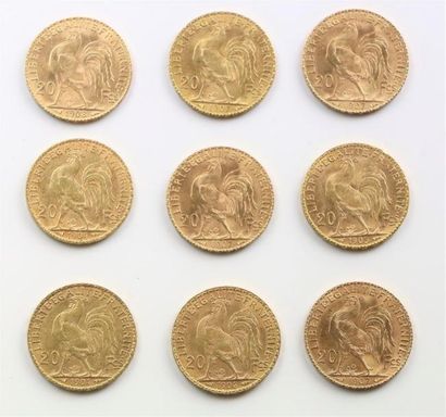 null Neuf pièces de 20 francs or, Marianne et coq, de 1904 à 1908.

Poids : 58,17...