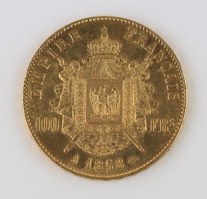 null Une pièce de 100 francs or Napoléon III, tête nue, 1858.

Bel état.

Poids :...
