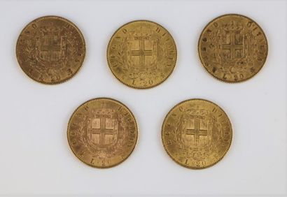 null Cinq pièces de 20 lires or, Victor Emmanuel II, 1863 (2), 1864, 1865, 1873.

Poids:...