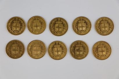 null Dix pièces de 20 lires or, Umberto 1er, 1882 (9), 1891. 

Poids : 64,58 gra...