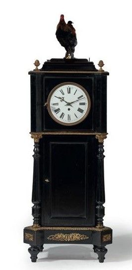 null Importante horloge à automate au coq, en bois noirci et bronze doré.

Le mécanisme...