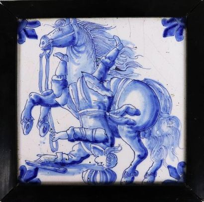 null DELFT.

Amusant carreau en faïence à décor en camaïeu bleu d'un cheval éjectant...
