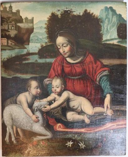 null Ecole italienne du XVIIème siècle.

La Vierge à l'enfant avec Saint Jean Baptiste.

Huile...