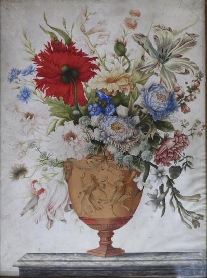 null Ecole hollandaise du XVIIIème siècle.

Bouquet de fleurs dans un vase à l'antique,...