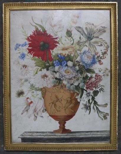 null Ecole hollandaise du XVIIIème siècle.

Bouquet de fleurs dans un vase à l'antique,...