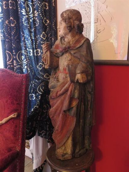 null Grande figure de Saint Jean au pied de la Croix en chêne sculpté polychrome....