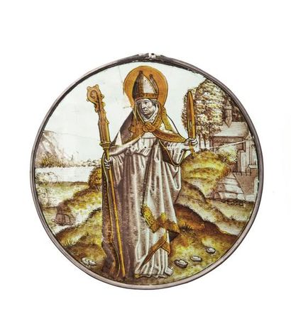 null Rondel en grisaille et jaune d'argent, représentant un saint évêque Stanislas...